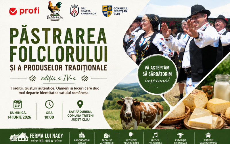 „O zi în inima satului românesc - Ferma lui Nagy găzduiește cea de-a IV-a ediție a sărbătorii tradițiilor autentice”.